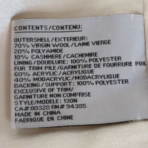 Cashmere Wool Blend Off-White Black Faux Fur Collar Long Coat - Picture 15 of 16